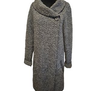 Tahari Wool Long Cardigan Sweater Coat Charcoal Gray Herringbone Knit Size Med